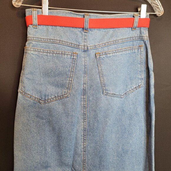 Vintage Denim Skirt Long Below Knee Red Belt Trend Basics Small Cotton - Picture 6 of 10